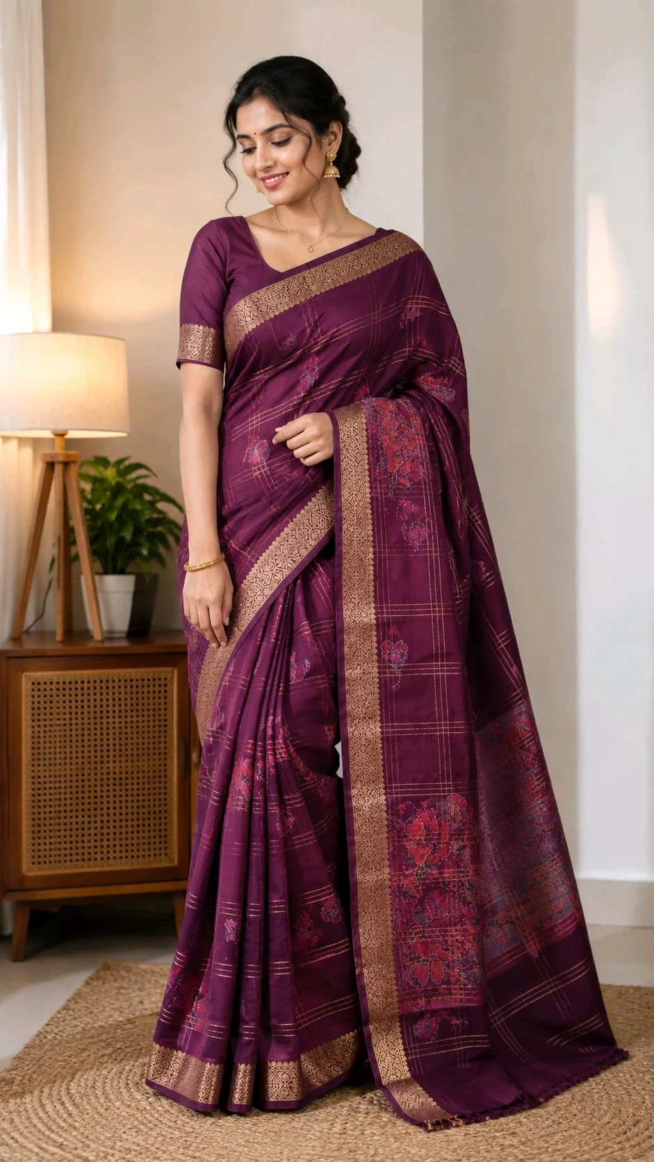 Purple Silk Blend Saree with Gold Checkered Pattern and Floral Print thumbnail 1