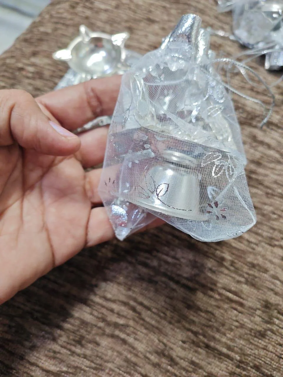 Small Silver Plated Puja Set with Diya and Nandi thumbnail 2