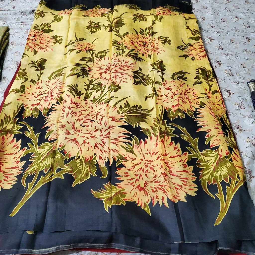 Yellow Floral Print  Pure Silk  120 Count Saree with Black Border 1