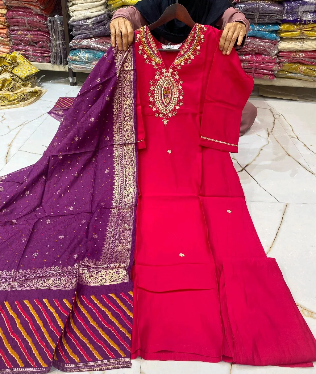 Roman Silk Bright Pink Embroidered Kurta Set thumbnail 2