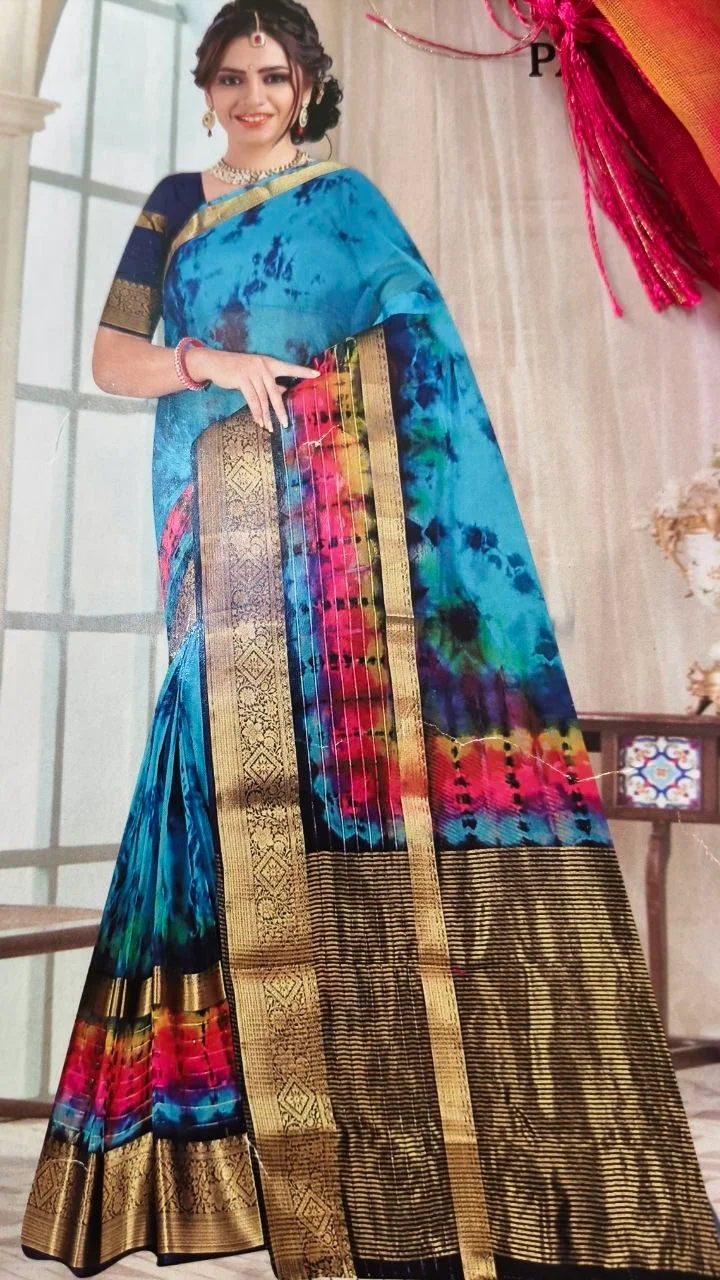 Vibrant Tie Dye Fancy Saree with Gold Zari Woven Border thumbnail 3