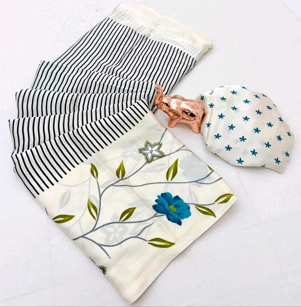 White Floral and Striped Print Saree with Blouse Piece 1