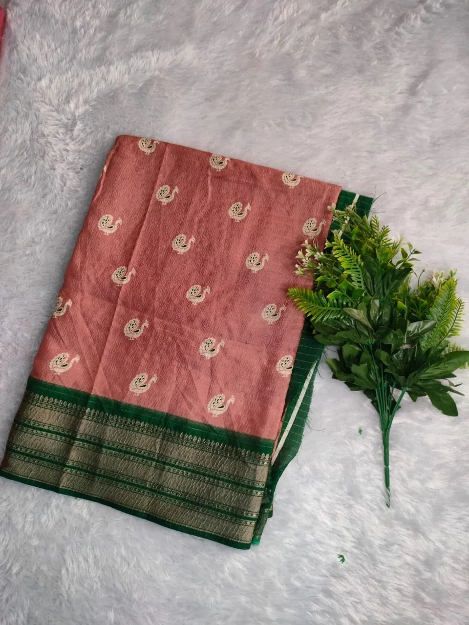 Light Brown, Blue, Saree Swith Red Border and Peacock Motifs 3