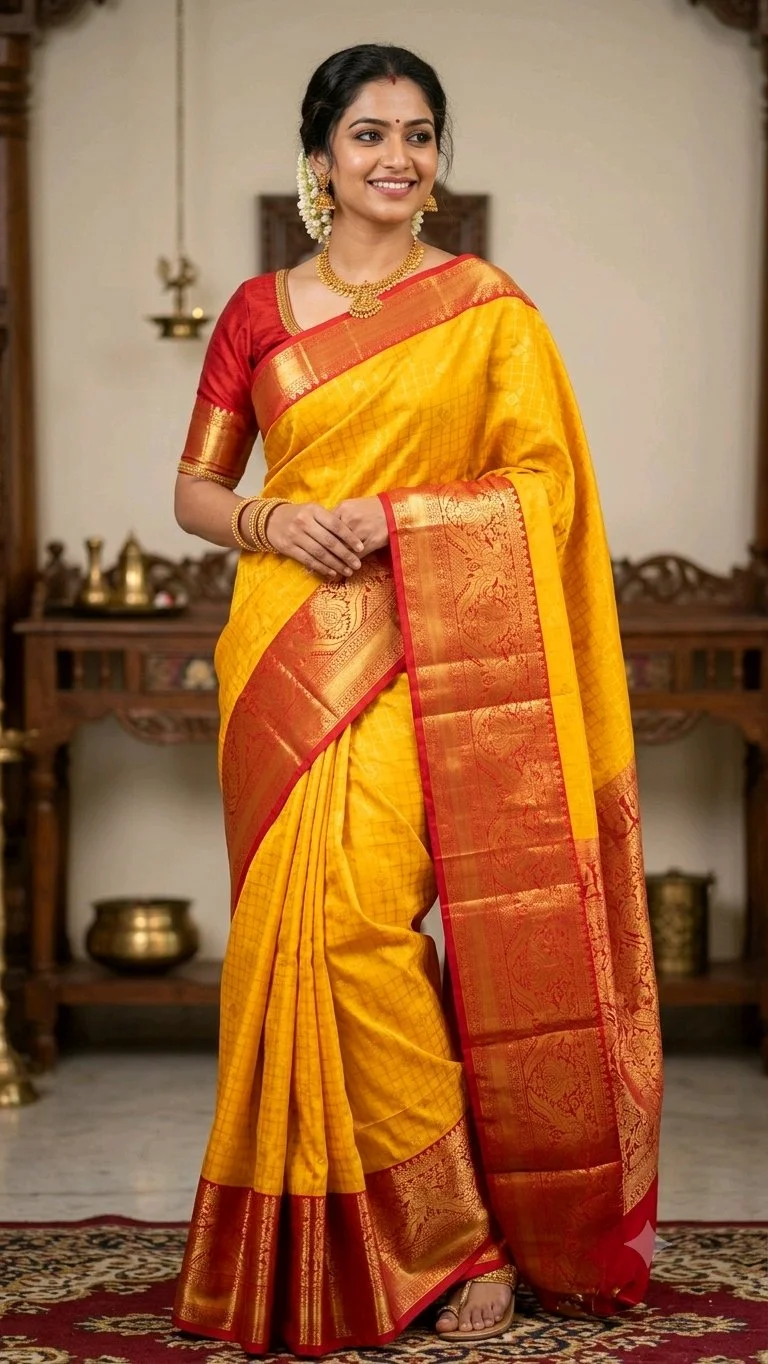 Pure Dharmavaram Yellow Saree with Red and Gold Zari Border thumbnail 1