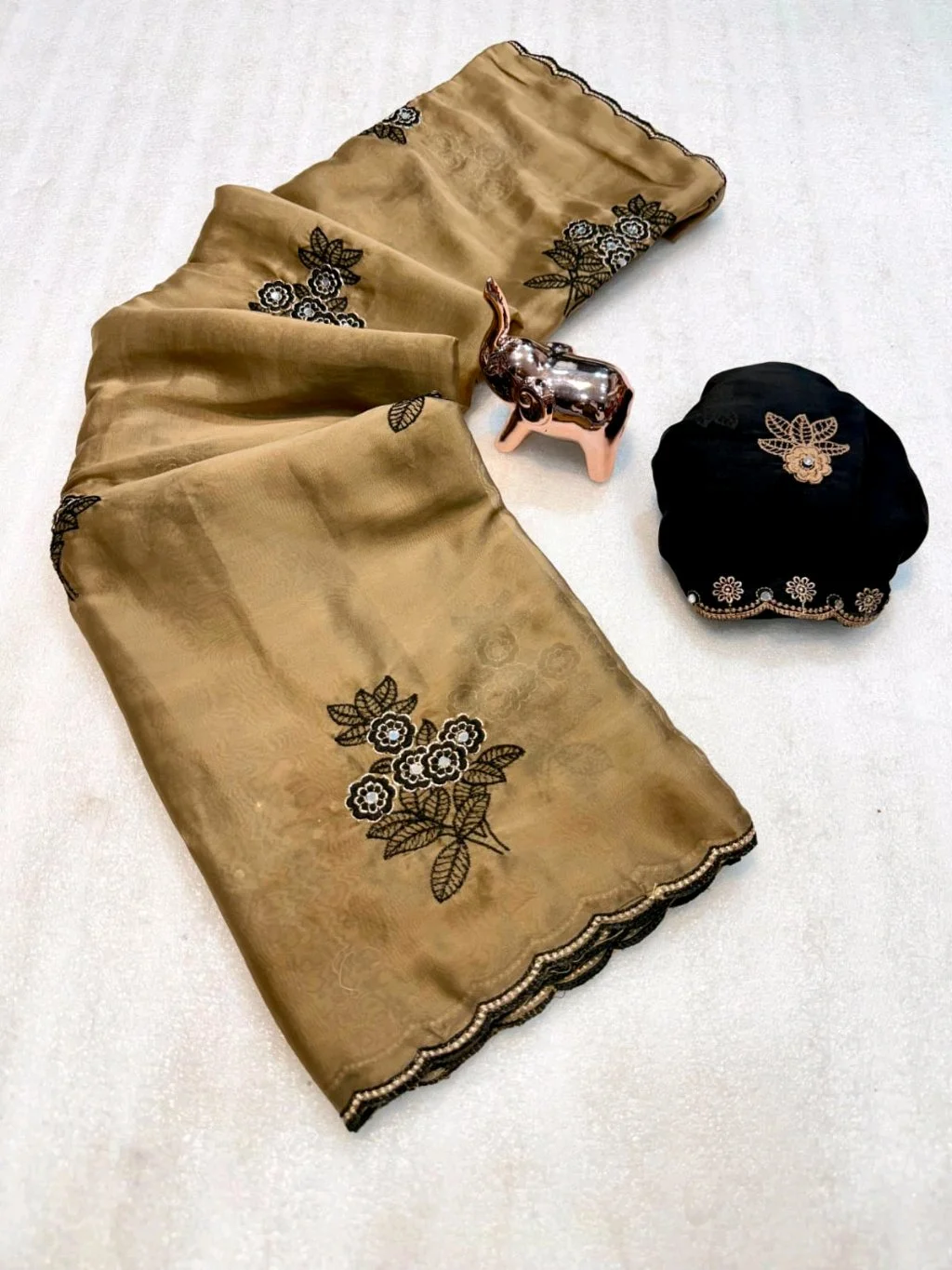 Rangoli Silk Saree with Black Floral Embroidery and Designer Blouse thumbnail 9