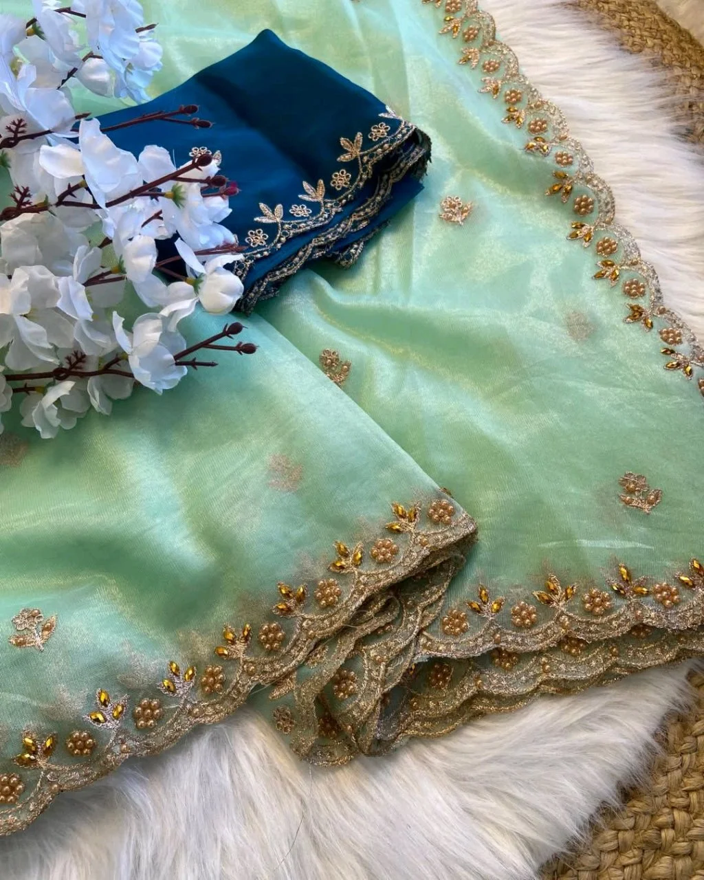 Pastel Organza Silk Blend Saree with Scalloped Embroidered Border 3