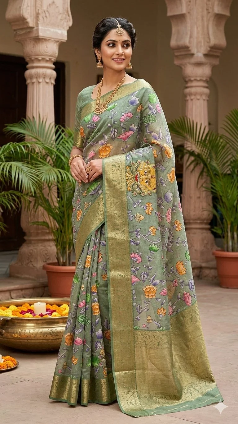 Sage Green Floral Print Saree with Zari Border