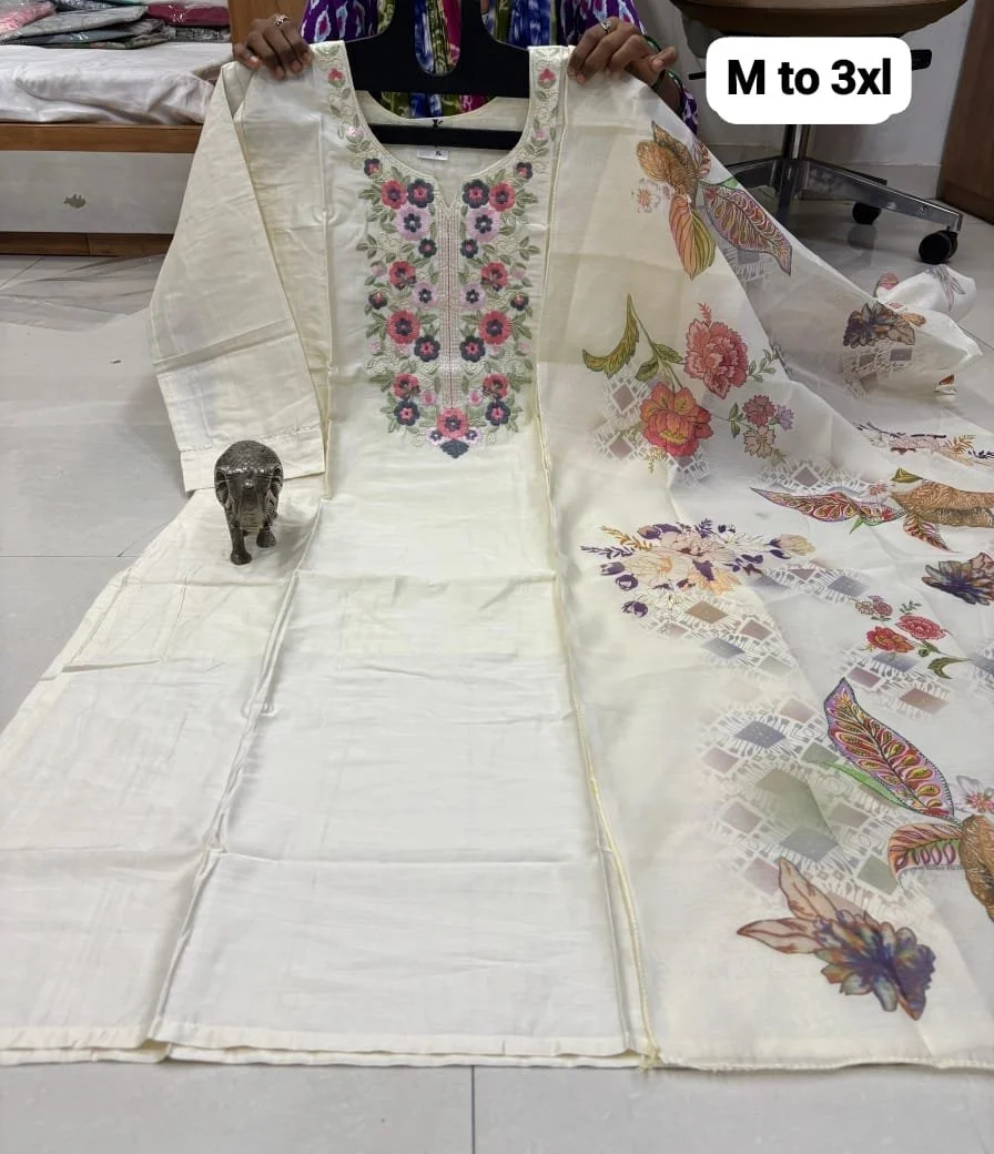 Embroidered Kurta Set with Floral Dupatta 5