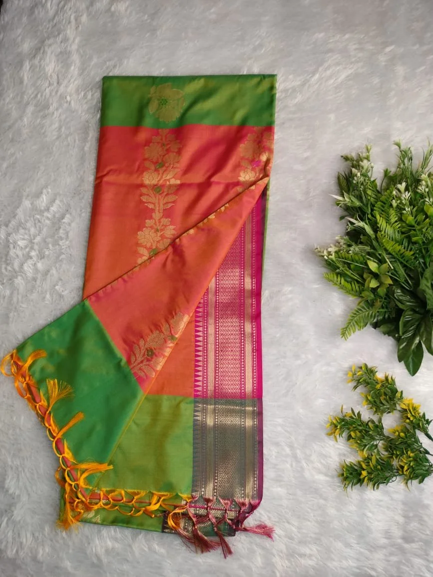 Green and Orange Semi Uppada Saree with Zari Floral Motifs
