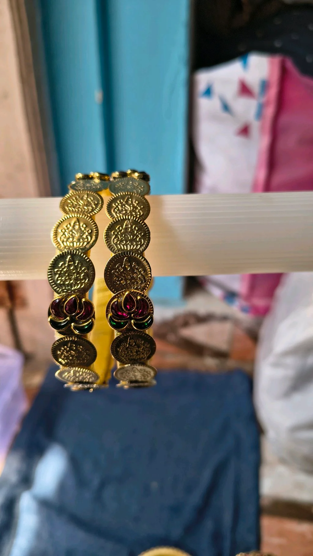 Gold Toned Lakshmi Coin Bangles with Ruby Green Stones 2