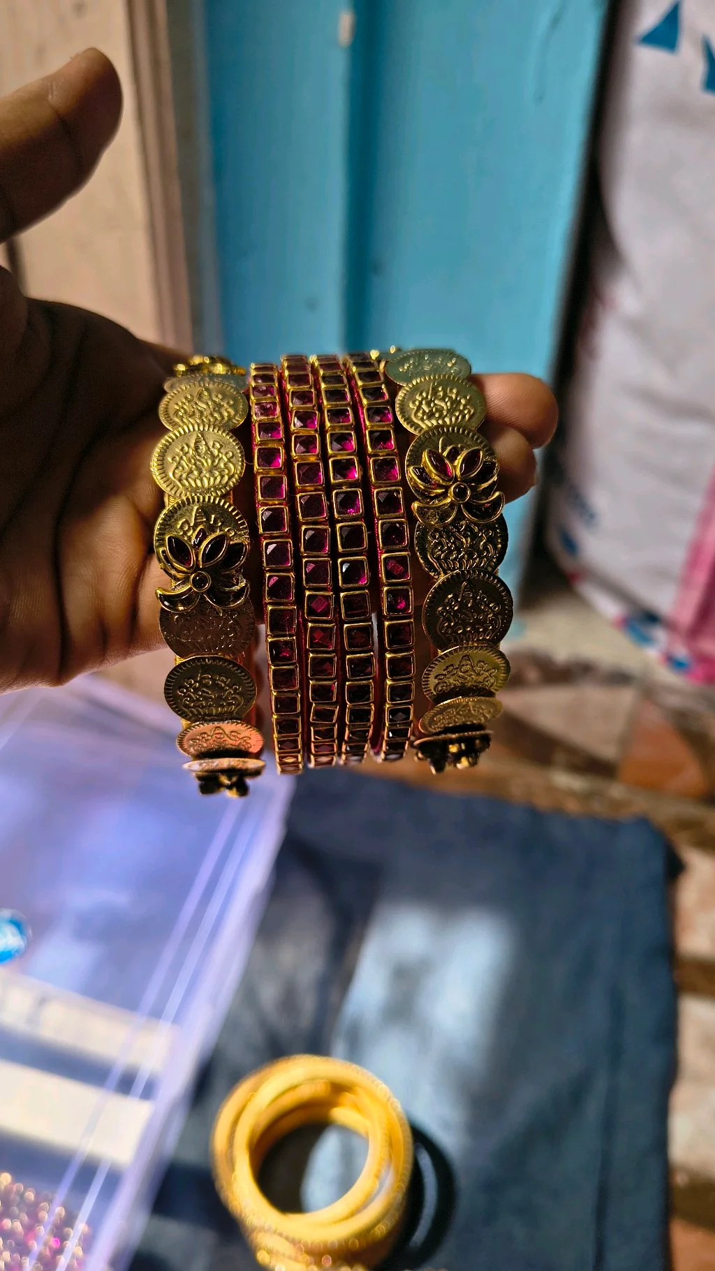 Lakshmi Coin and Ruby Stone Bangle Set