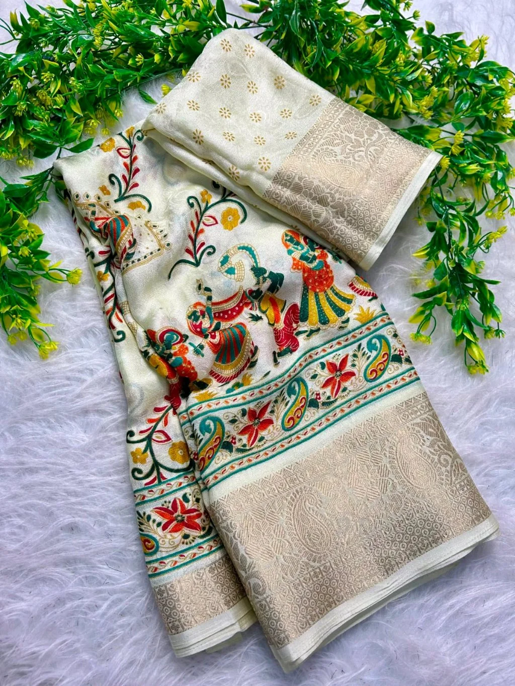 Mass Mellow  Soft Silk Saree with Colorful Folk Art Embroidery and Zari Border 4