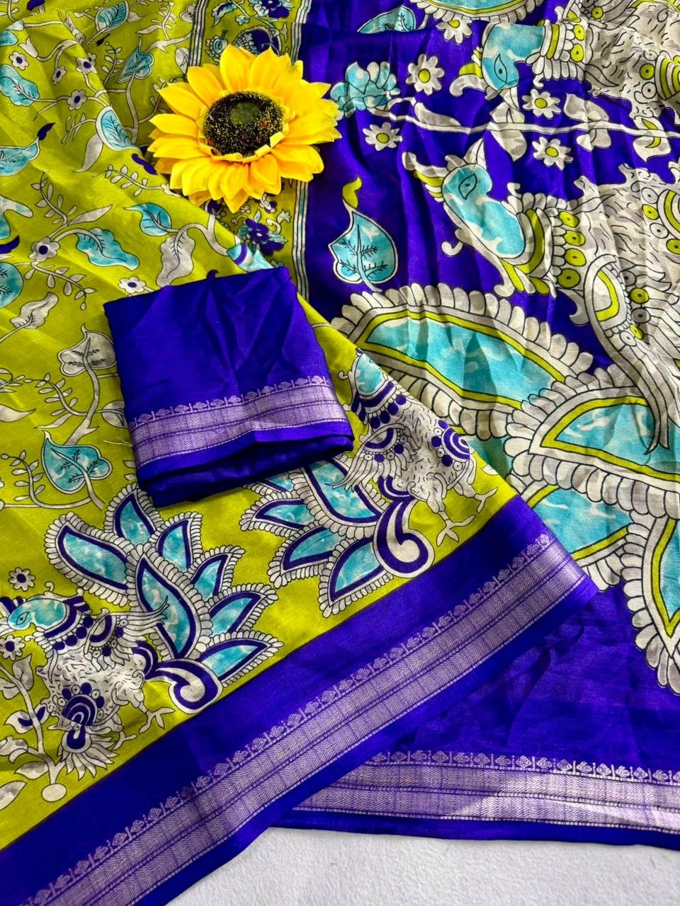 Jequrd Kalamkari Print Saree with Royal Blue Border 5