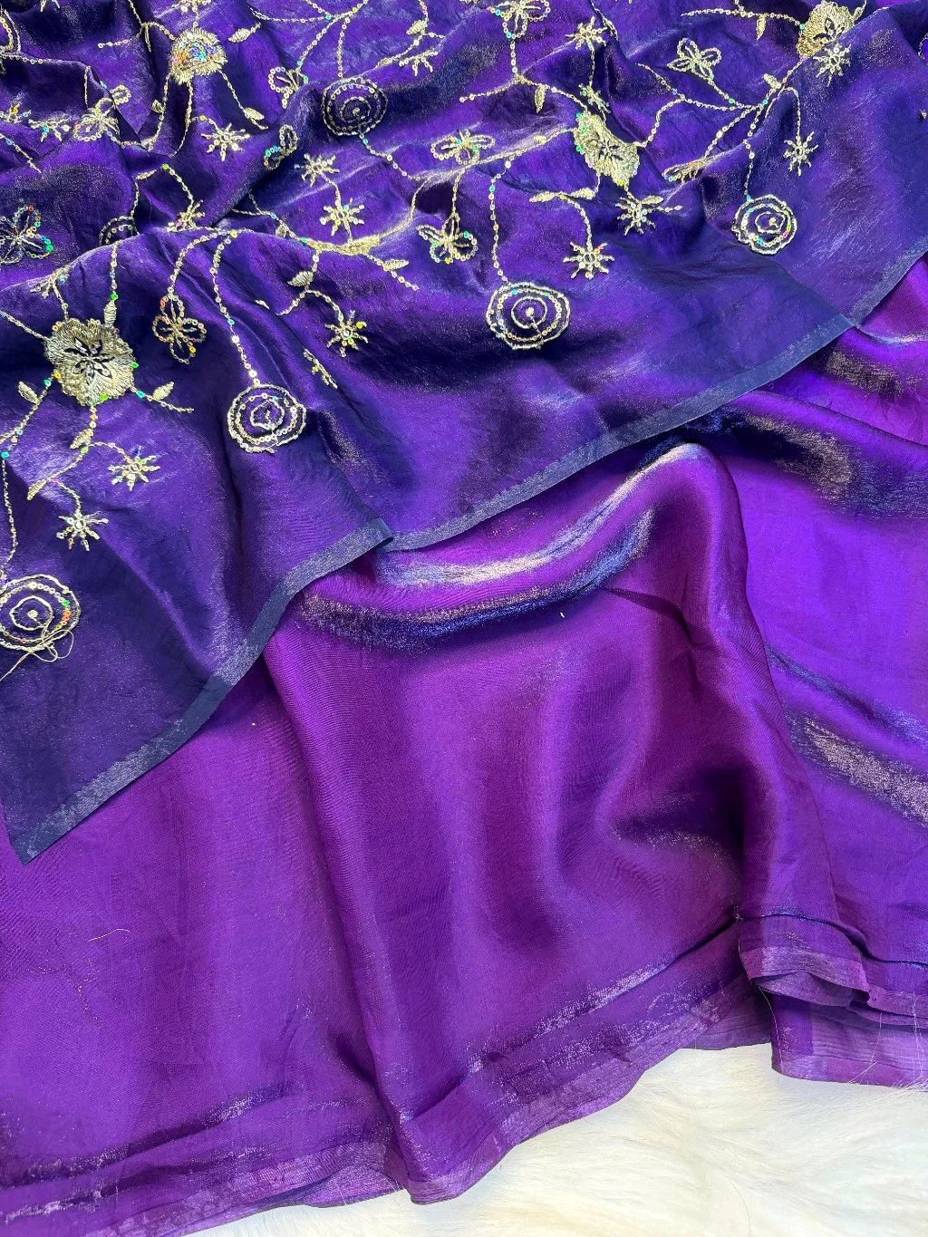 Two Tone Space Silk Saree with Gold Sequin Embroidery 8