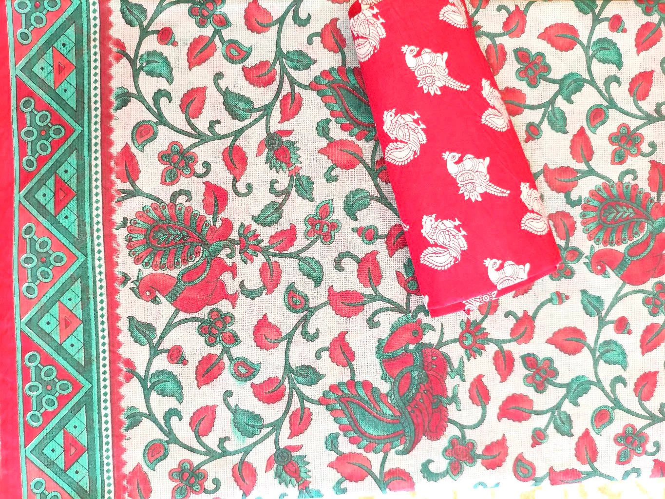 Red and Green Kalamkari Style Cotton Saree with Bird Print Blouse 1