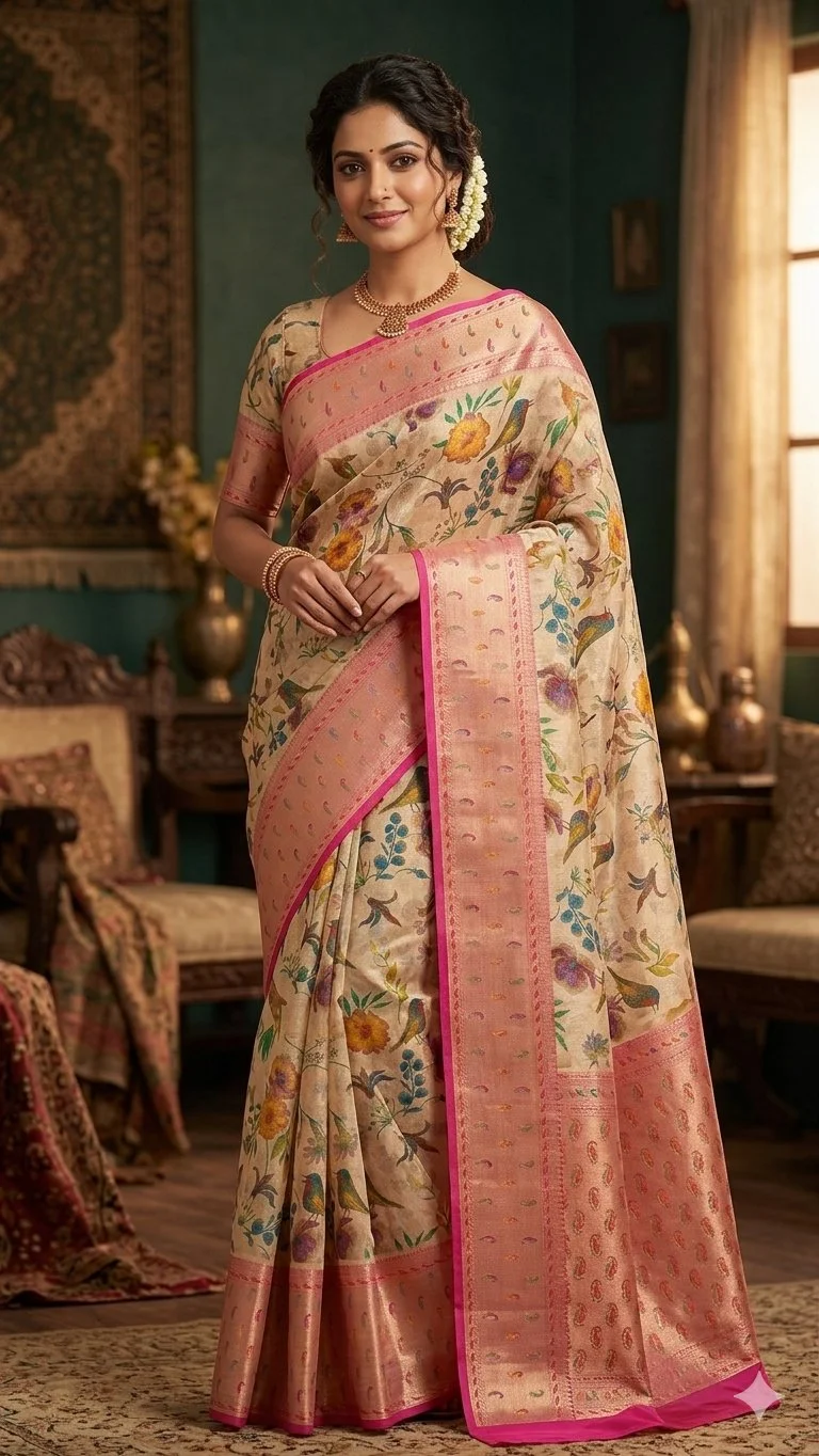 Beige Floral Bird Print Silk Saree with Pink Zari Border