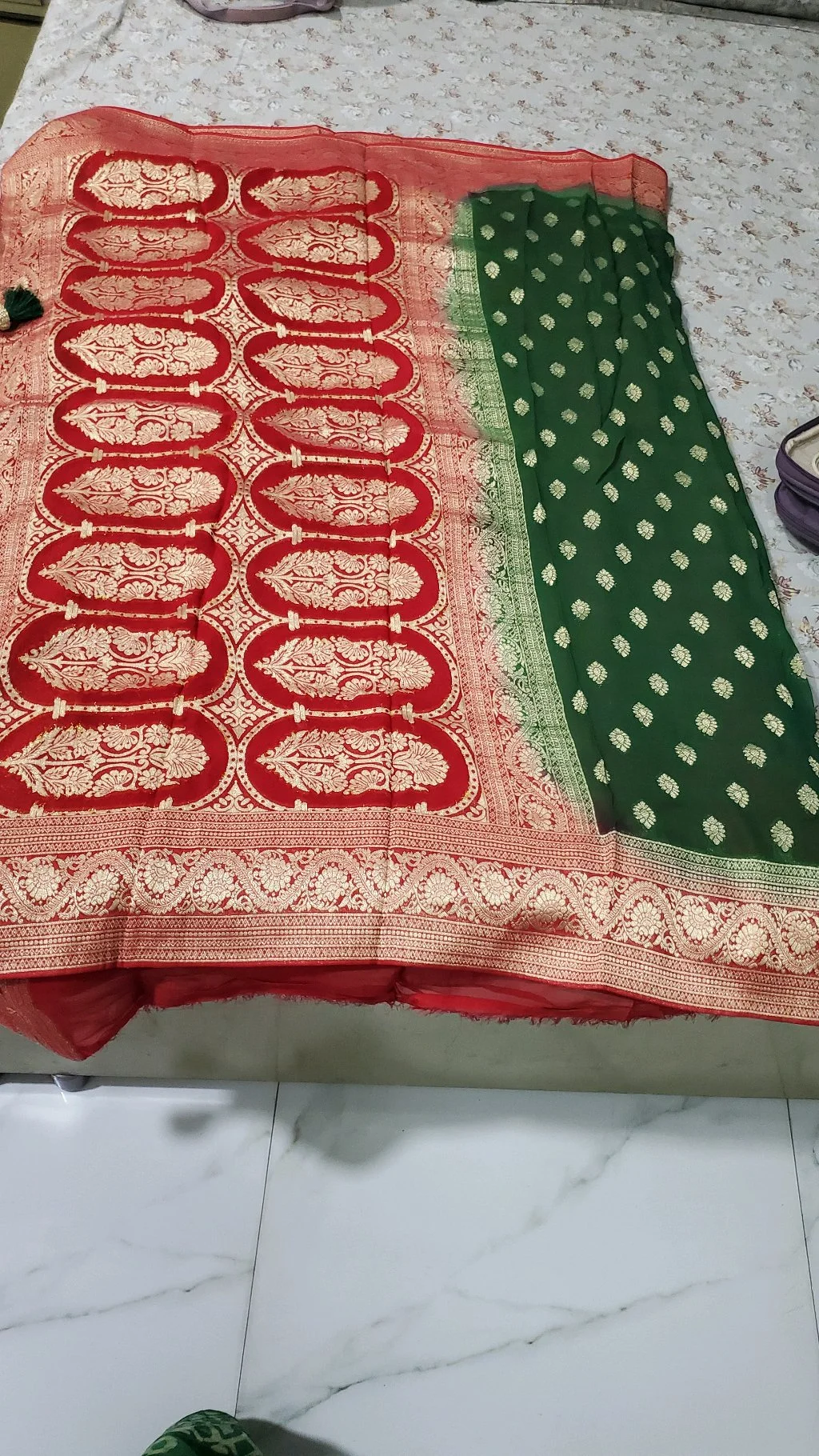 Green Georget Saree with Gold Zari Motifs and Red Border 4