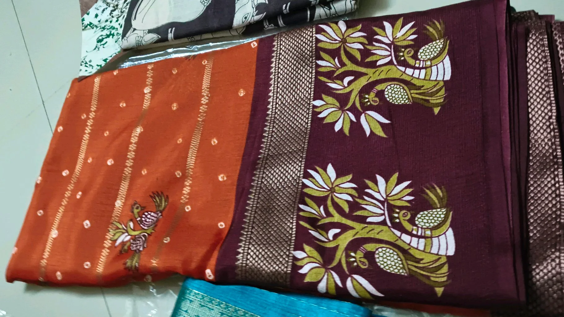 Orange and Maroon Dual Tone Saree with Peacock Zari Border