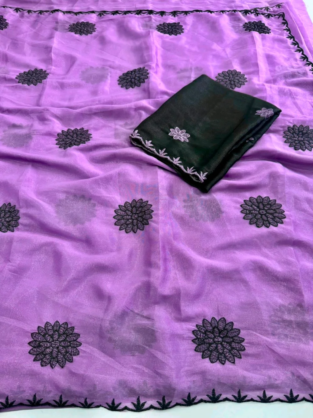 Soft Georgette Saree with Black Floral Embroidery thumbnail 2