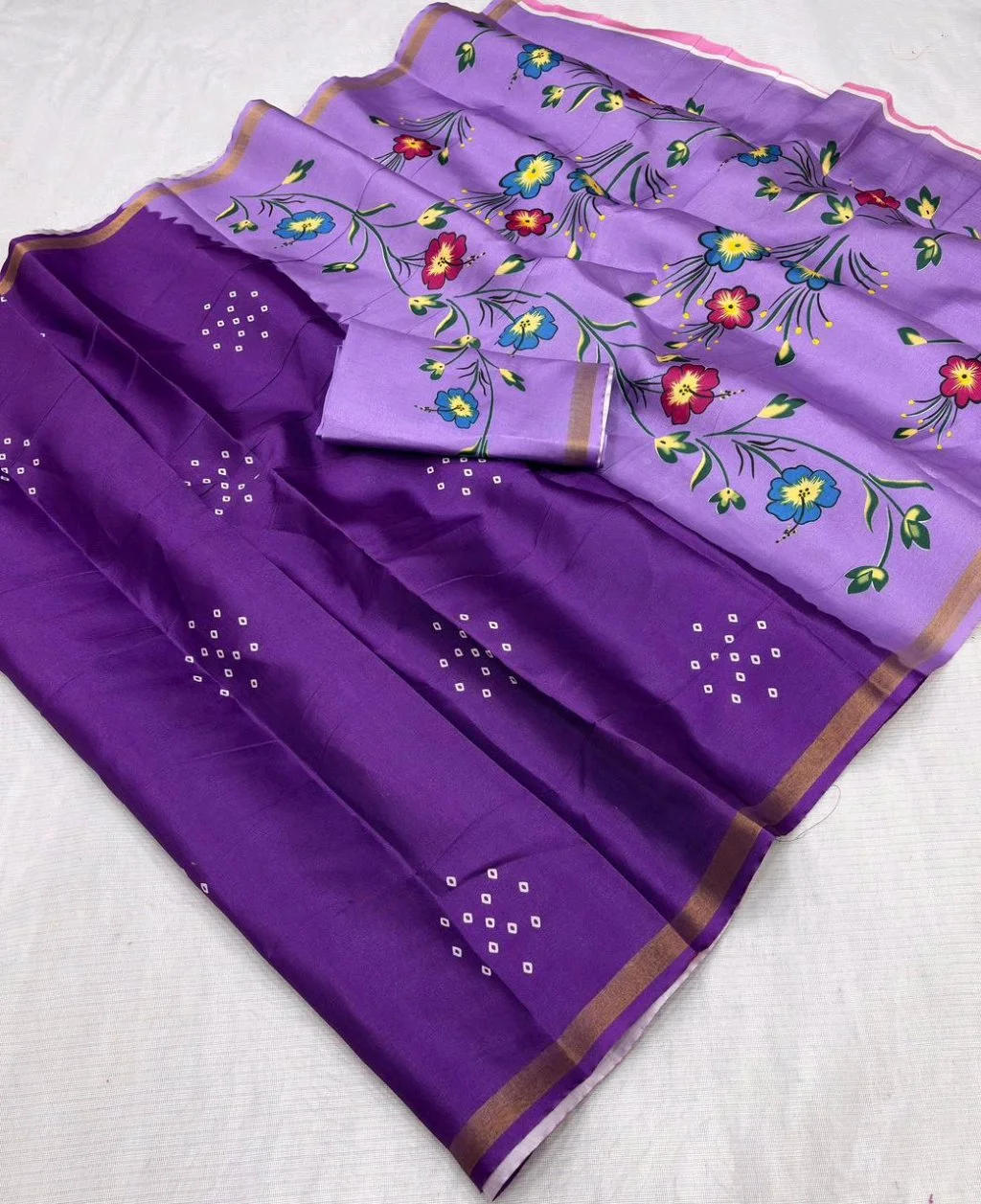 Purple Floral Print Saree with Bandhani Dots