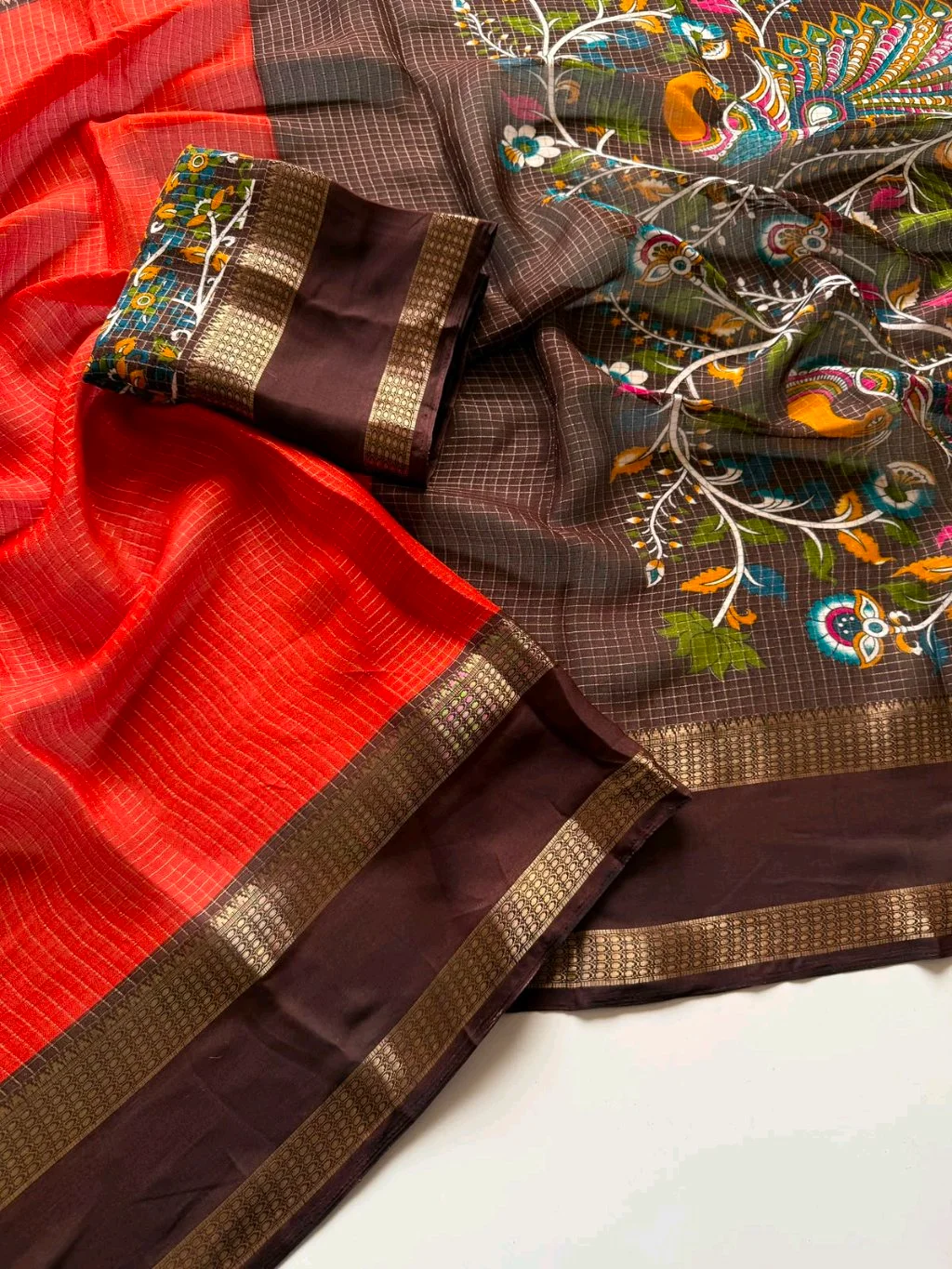 Orange Checked Cotton Blend Saree with Brown Zari Border and Floral Blouse thumbnail 4