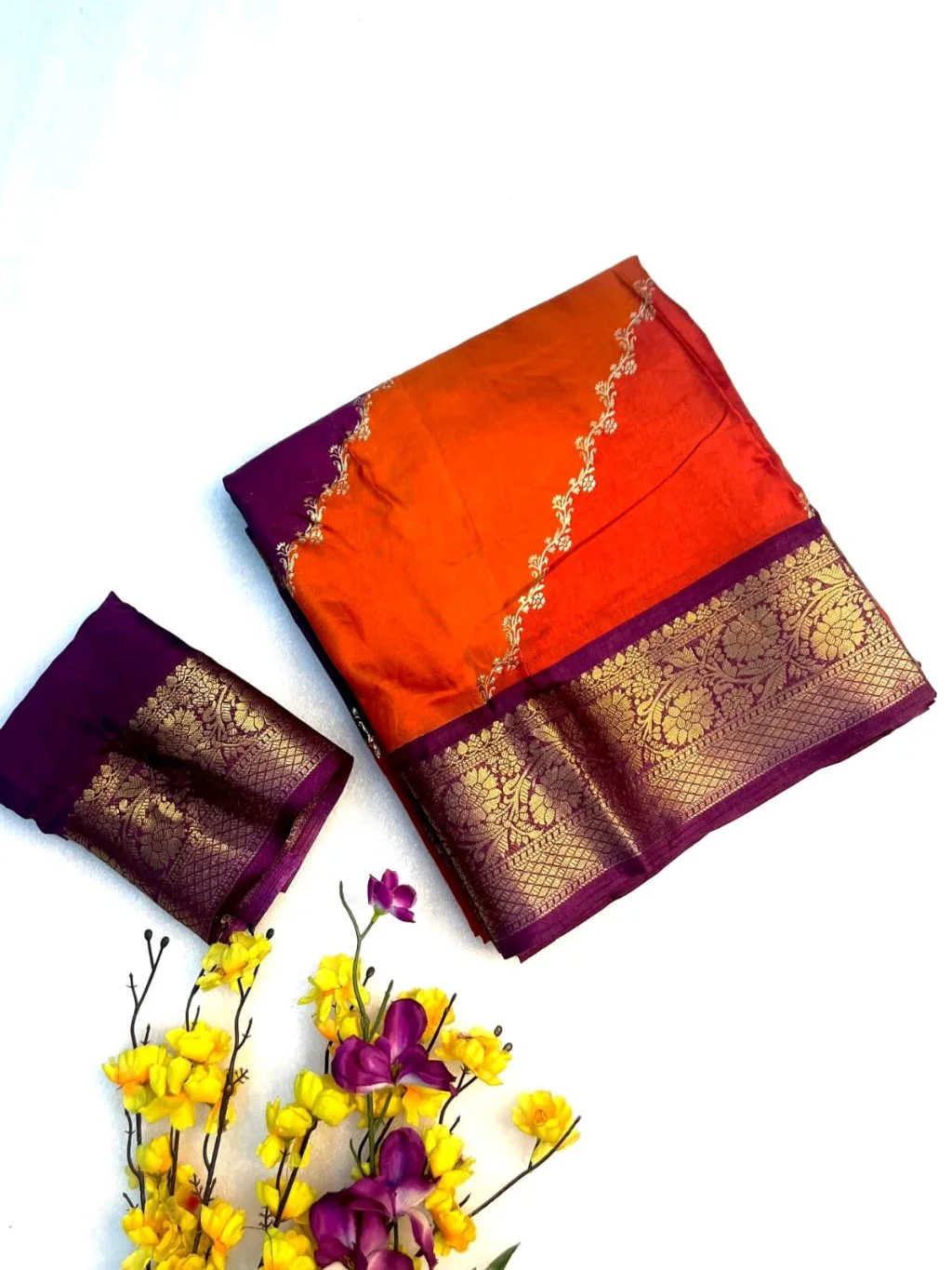 Orange and Purple Silk Blend Saree with Gold Zari Border thumbnail 1