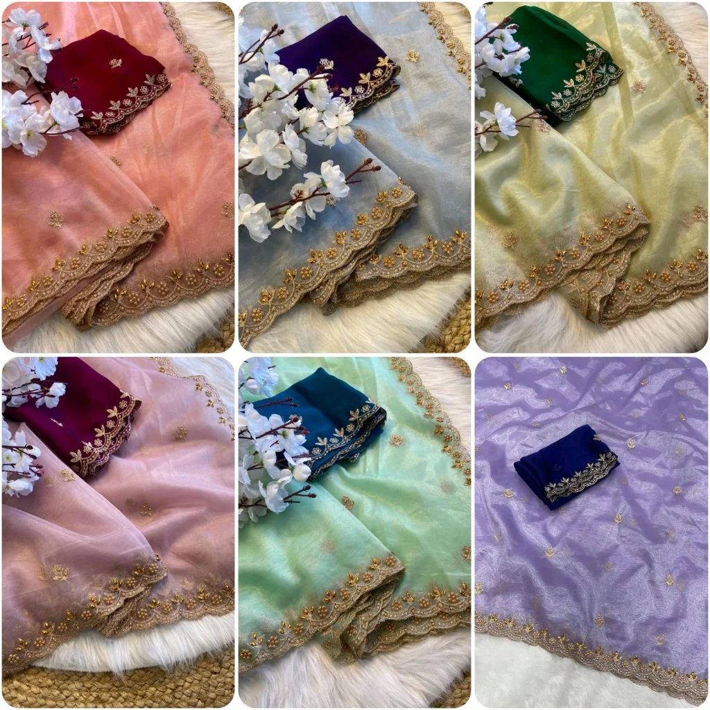 Pastel Organza Silk Blend Saree with Scalloped Embroidered Border 1