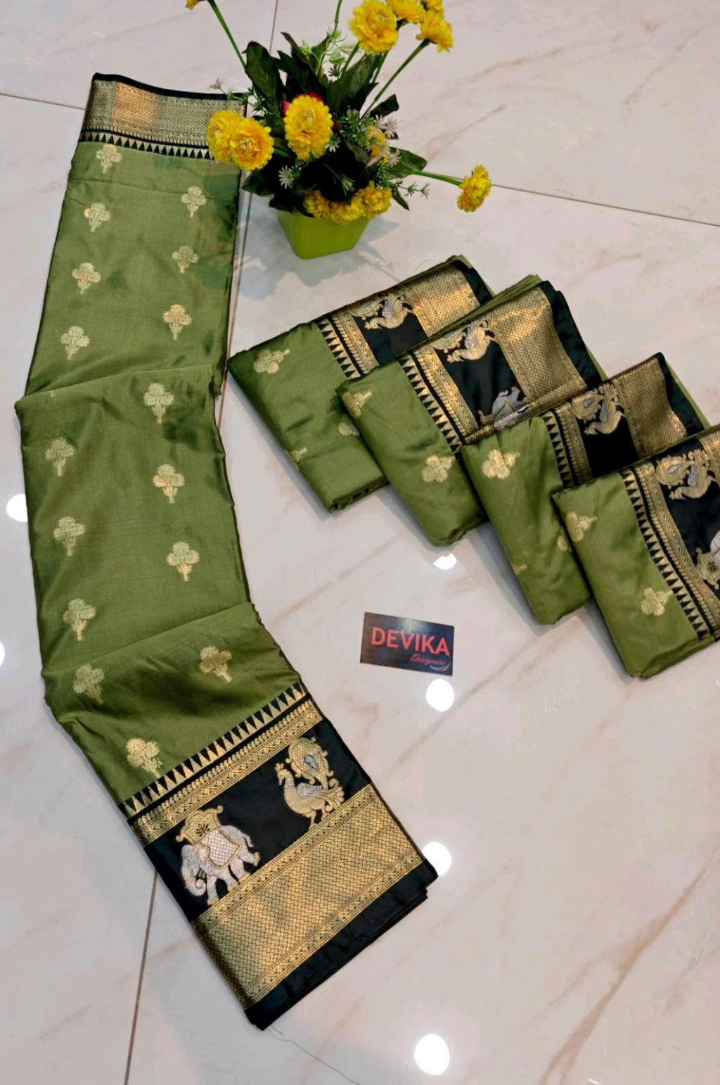 New Kanjivaram Soft Pattu Silk Blend Saree with Gold Zari Elephant Peacock Border 2