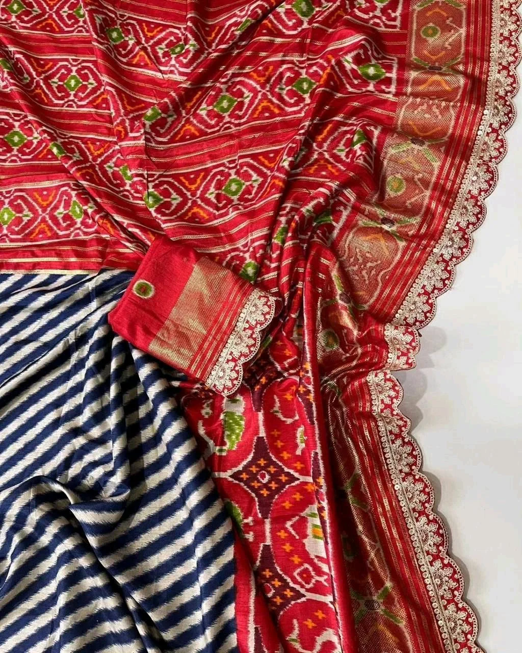 Red Ikat Saree with Blue Striped Pallu 1