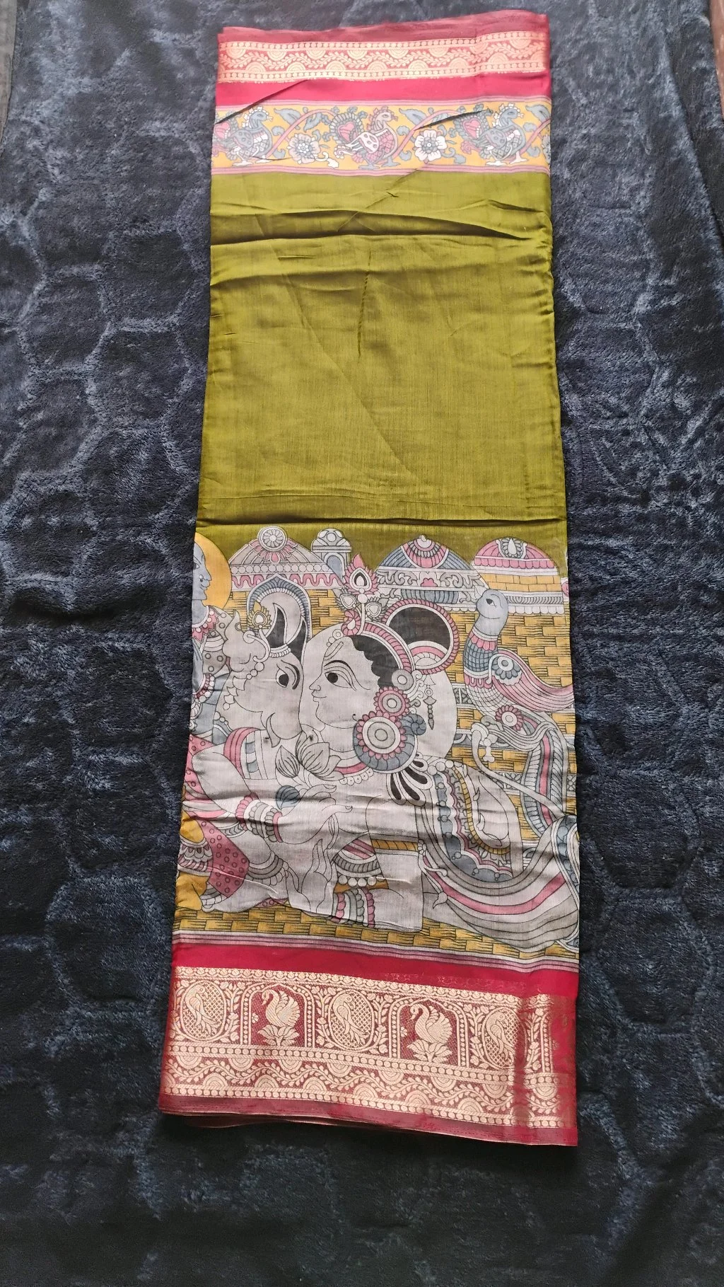 Mangalagiri Kalamkari Olive Green Saree 2
