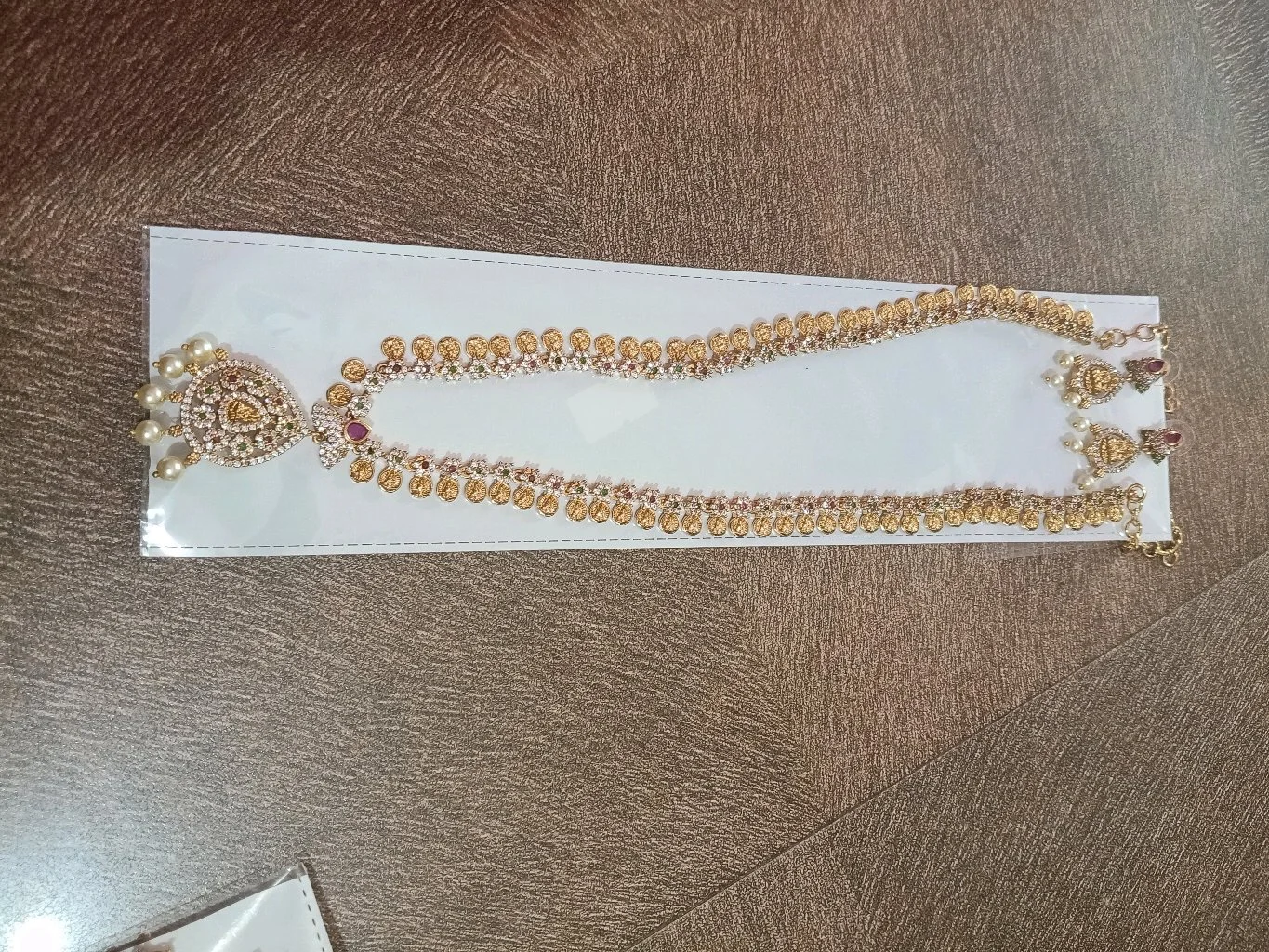 Gold Plated Lakshmi Coin Haram Necklace Set with Pearl Drops