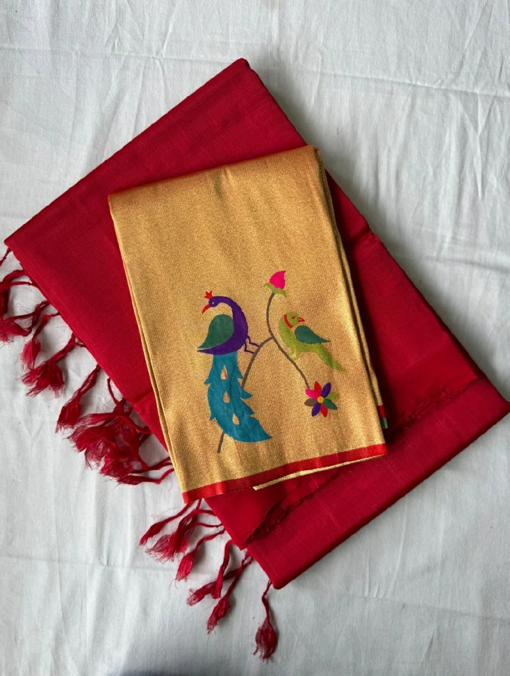 Golden Mangalagiri Pattu Saree with Parrot Motif 2