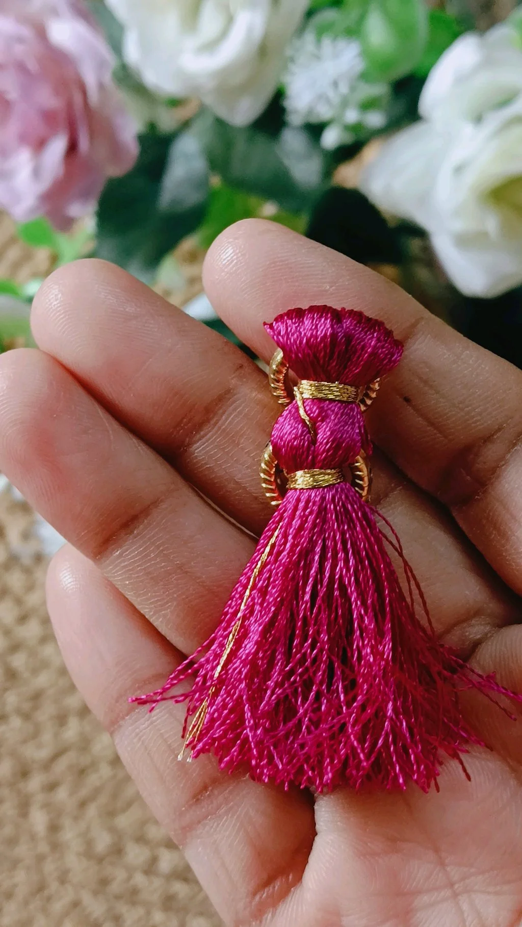 Fuchsia Silk Thread Tassel Earrings with Gold Rings thumbnail 4