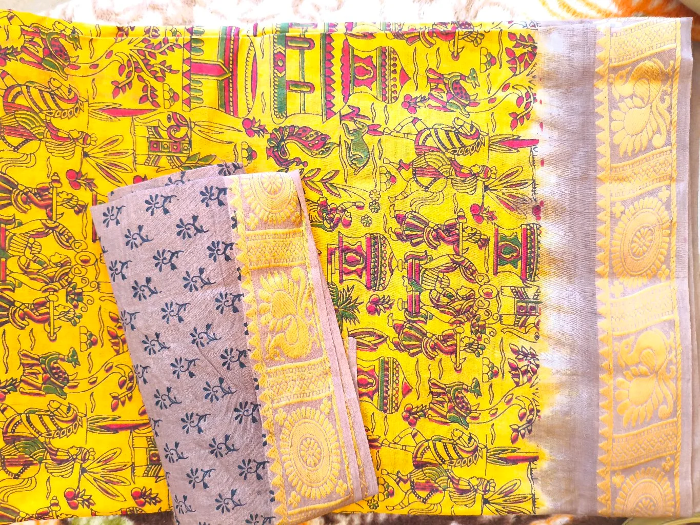 Yellow Kalamkari Style Cotton Saree with Floral Blouse Piece