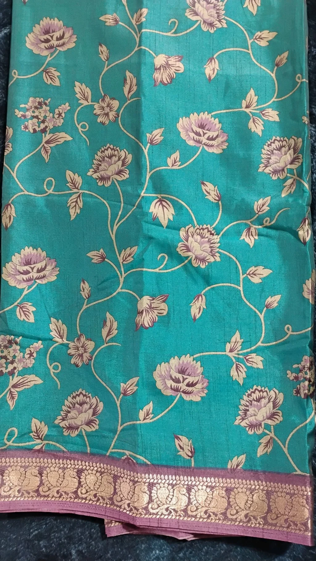 Maheshwari Silk Saree,Teal Floral Silk Blend Saree with Mauve Zari Border thumbnail 3