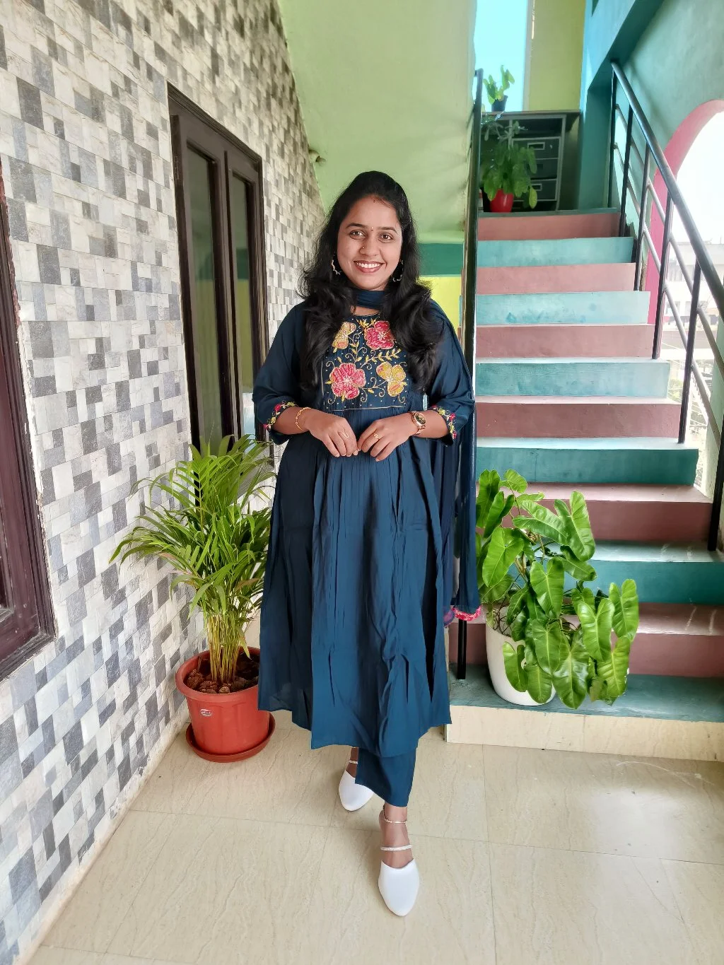 Dark Teal Embroidered Kurta Set with Floral Yoke