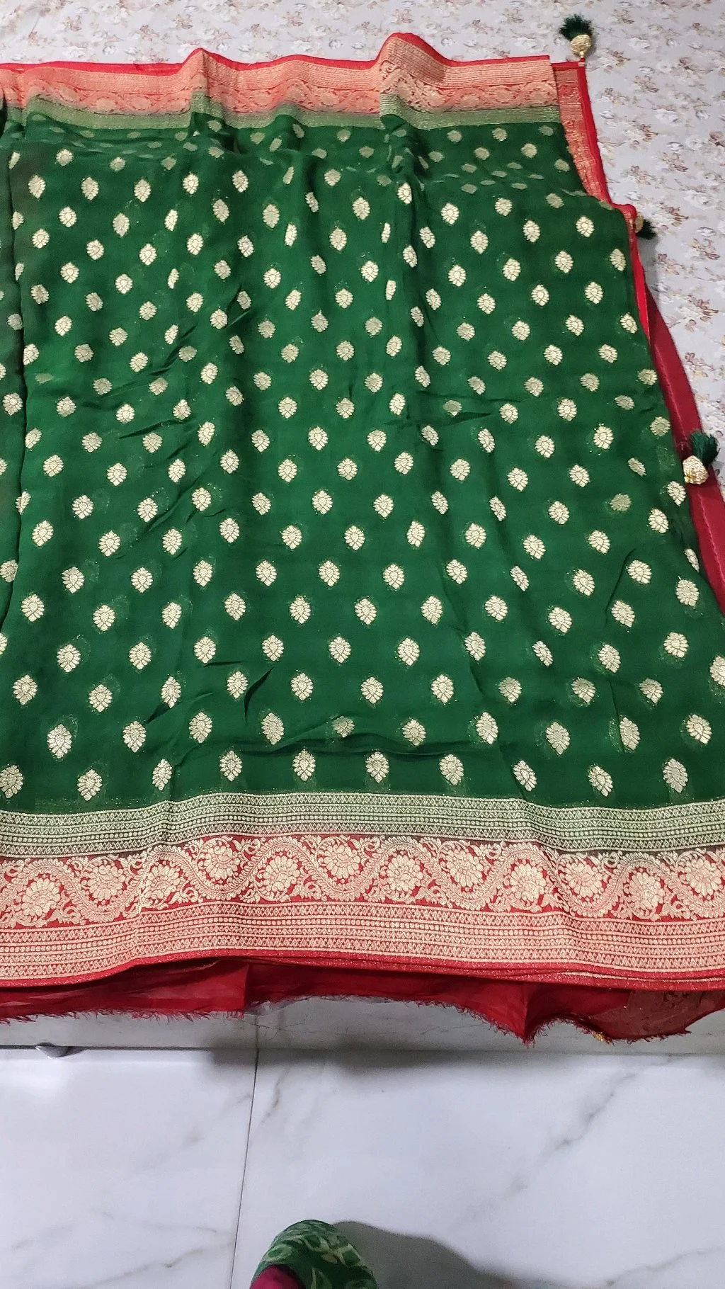 Green Georget Saree with Gold Zari Motifs and Red Border 3