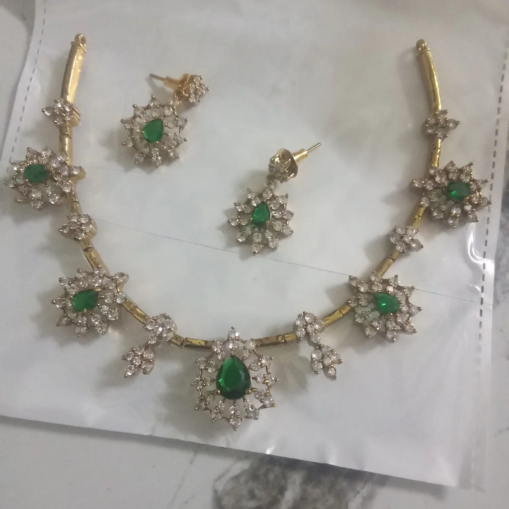 Gold Plated Green Stone Necklace Set with Earrings