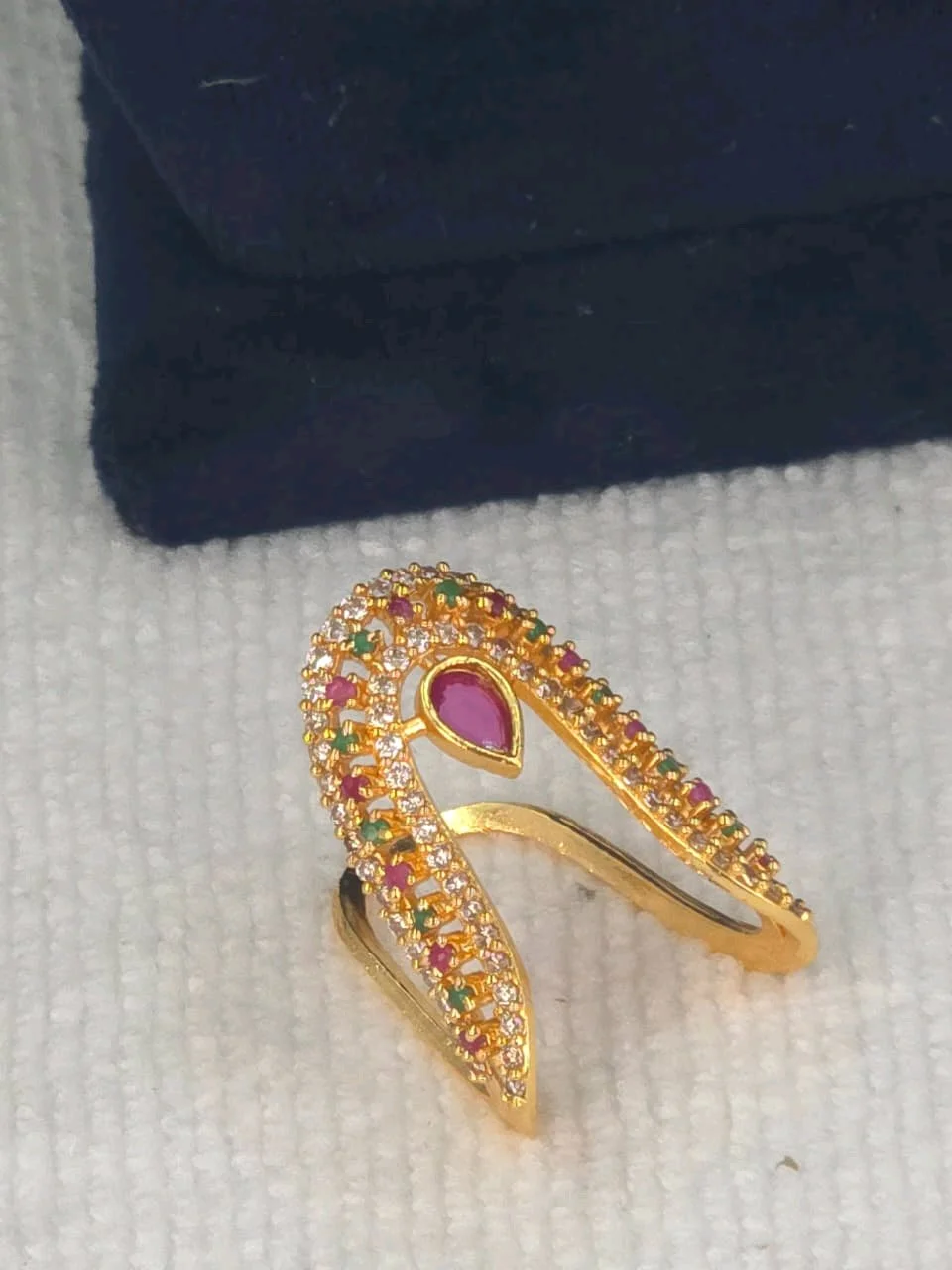 Gold Plated Wavy Ring with Ruby Emerald and White Stones thumbnail 4