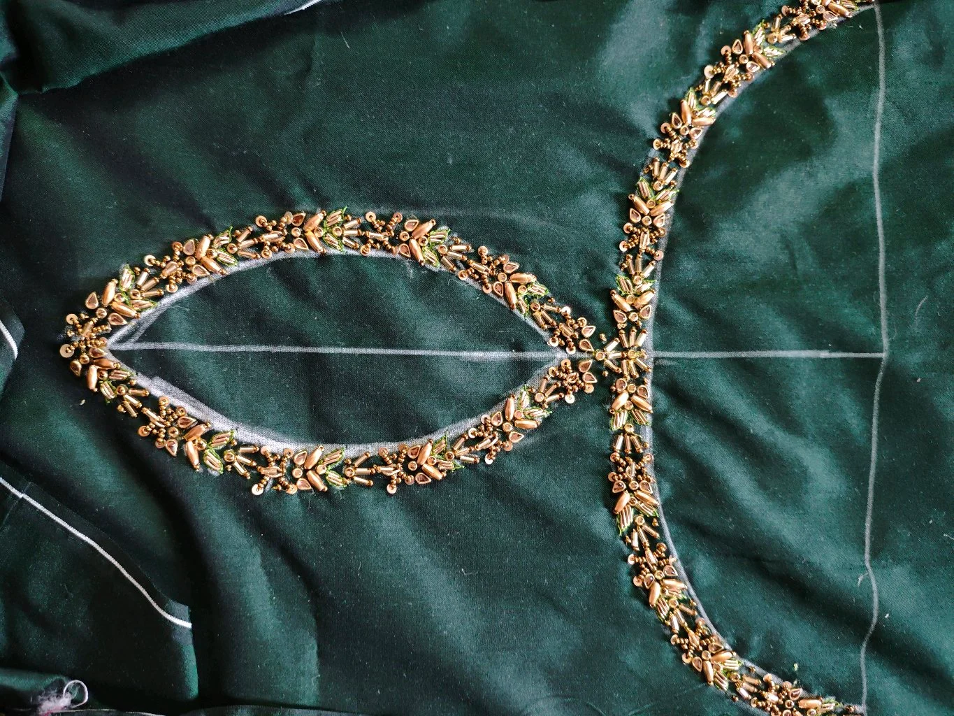 Dark Green Fabric with Gold Maggam Work Neckline thumbnail 1