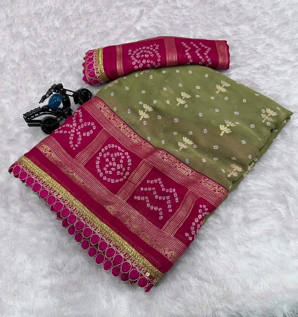 Green Bandhani Saree with Pink Scalloped Border 1