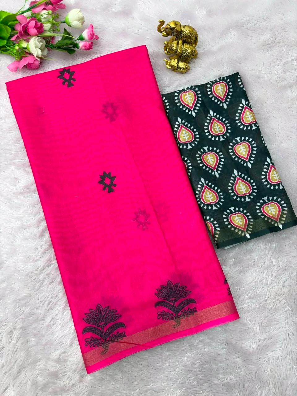 Rani Pink Saree with Black Floral Block Print and Printed Blouse 1