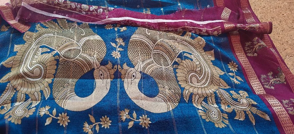 Teal Blue Peacock Tree Motif Saree with Maroon Zari Border thumbnail 2
