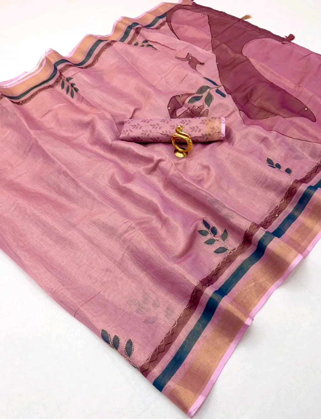Pink Linen Blend Saree with Leaf Embroidery and Striped Border thumbnail 9