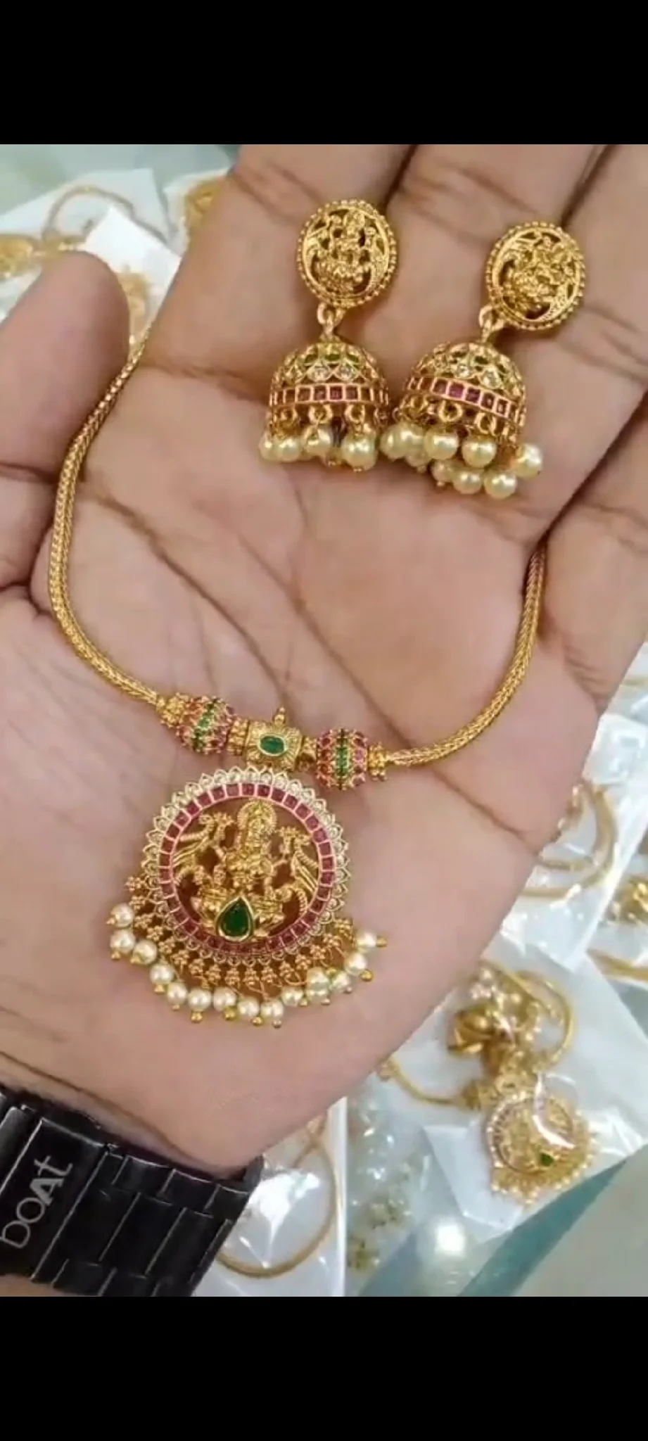 Gold Plated Temple Design Necklace Set with Jhumka Earrings