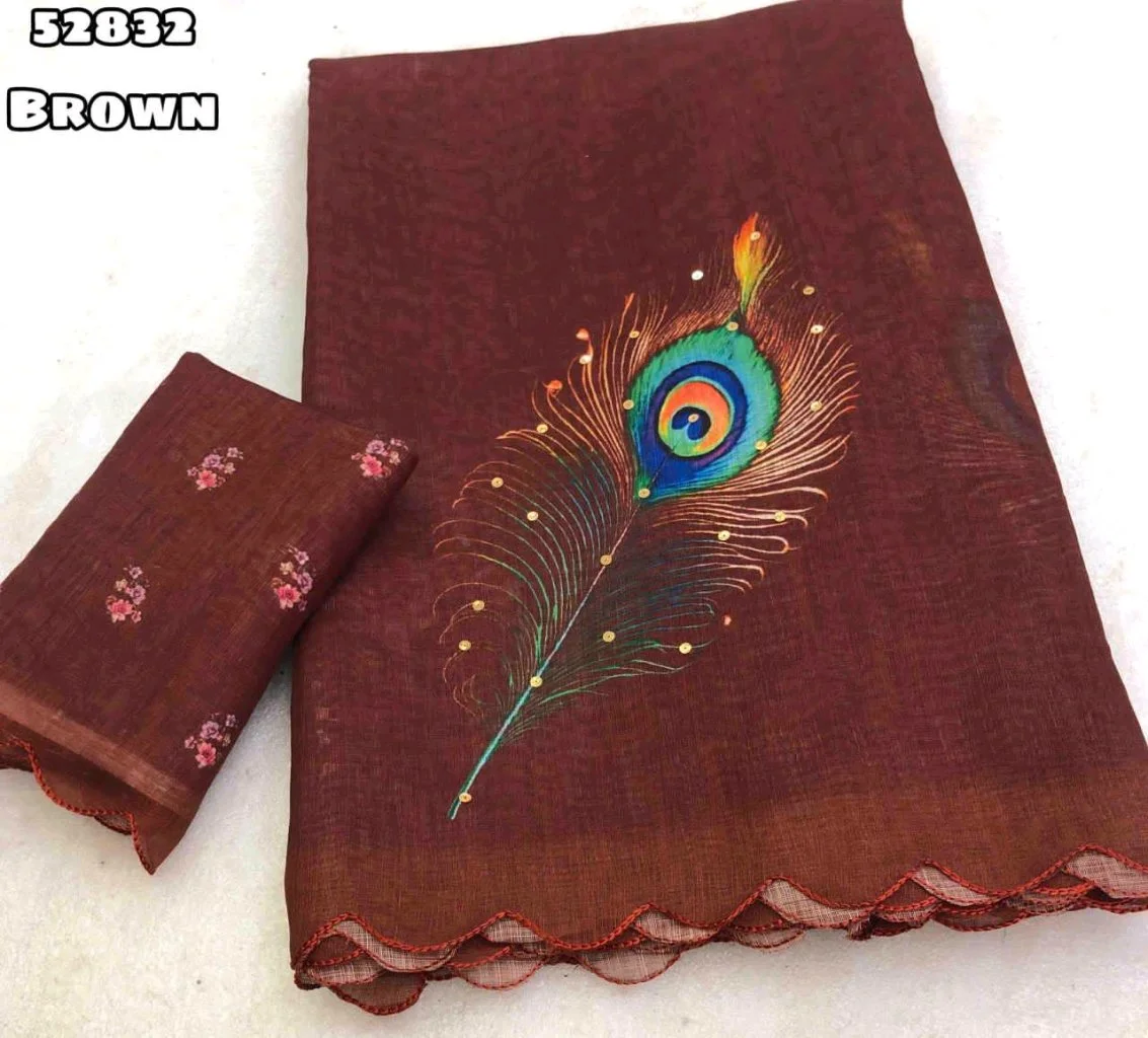 Soft Lenin With Peacock Feather Embroidered Saree with Floral Blouse thumbnail 1