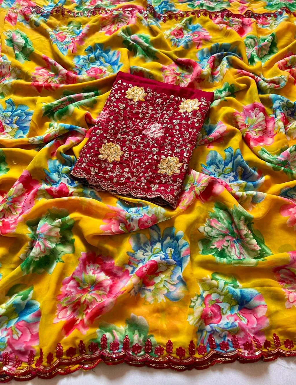 Yellow Floral Print Saree with Embroidered Red Blouse Piece 3