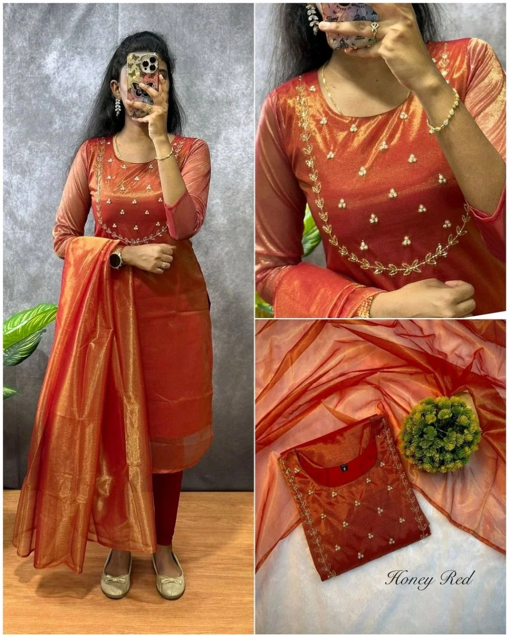 Rani Pink Embroidered Organza Kurti Set with Dupatta 2