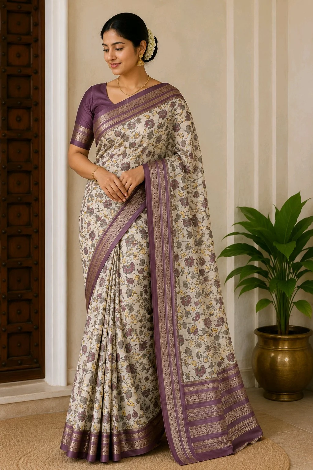 Cream Floral Print Silk Blend Saree with Purple Zari Border thumbnail 1