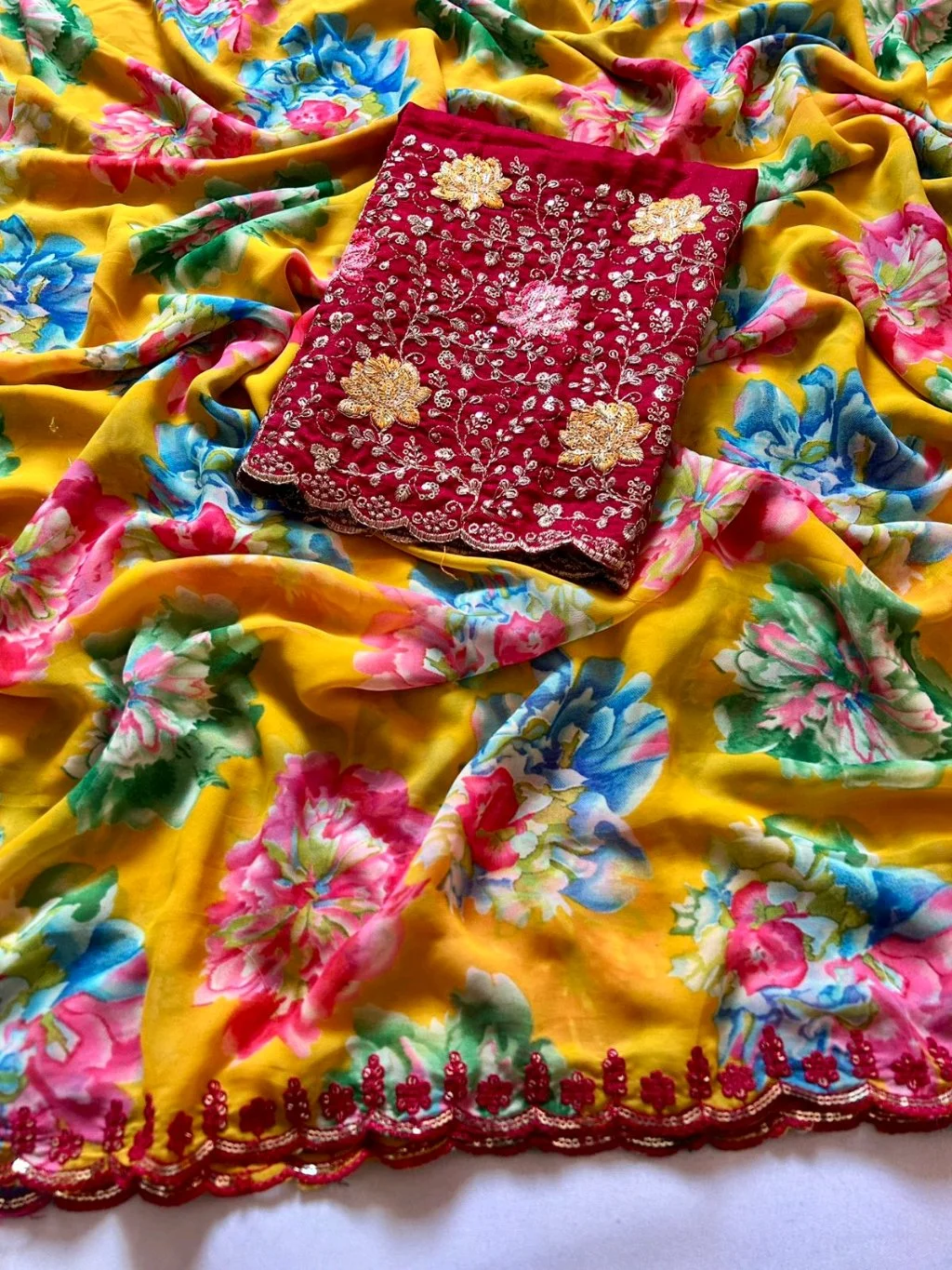 Yellow Floral Print Saree with Embroidered Red Blouse Piece 4